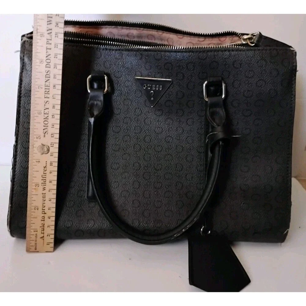 GUESS Fitz Black Monogram Satchel Bag Top Handle Purse SV860907 Triple Pocket